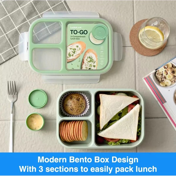 LocknLock Lunch Box To Go Bento 980ml Anti Tumpah dengan Desain Modern 3 Sekat Bagian untuk Makan Siang Mudah