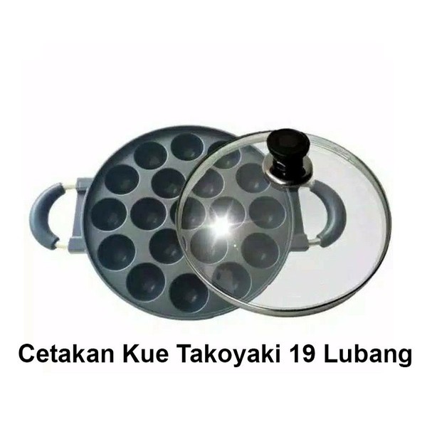 Cetakan Takoyaki 19 Lubang Lengkap Dengan Tutup kaca Anti Lengket Teflon