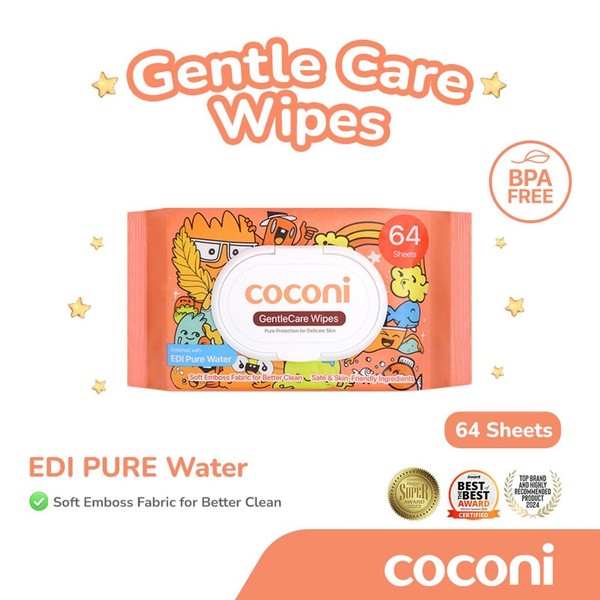 Coconi GentleCare Baby Wipes EDI Pure Water 64 Sheets Tisu Basah Bayi Non Alkohol Aman untuk Wajah & Kulit Sensitif