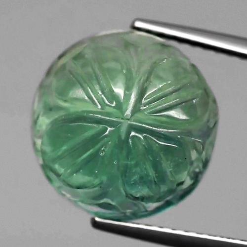 CV010  Natural Bluish Green FLUORITE Round 9.42ct Leaf Hand Carving