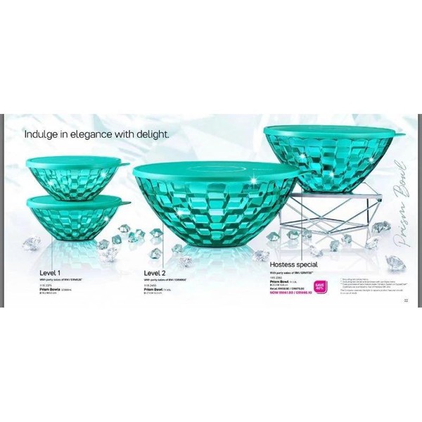 Tupperware Prism Bowl dengan tutup wadah motif kristal serbaguna
