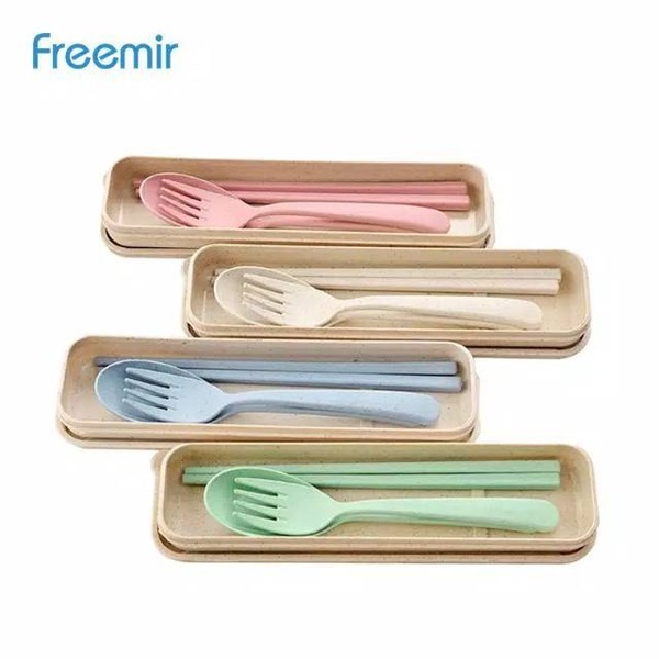Sendok portable  Garpu Sumpit Wheat Straw Set Travel Plastik spoon alat makan portable
