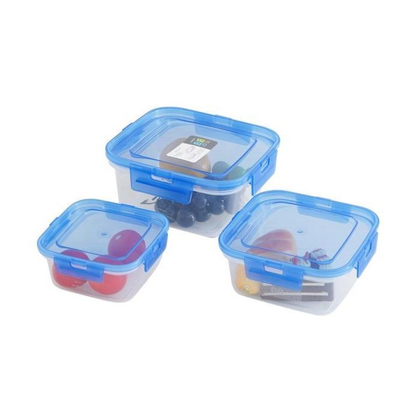 Komax Wadah Makanan BB Lock Square Set 3 Pcs Freezer & Microwave Safe Kotak Makanan Warna Biru