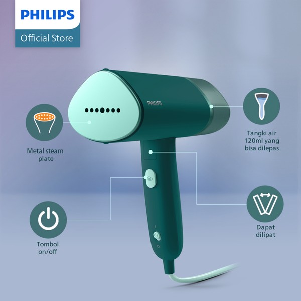 Philips Handheld Steamer STH3020/70 - Setrika Uap Portable Dapat DIlipat - Metal Steam Plate Hijau