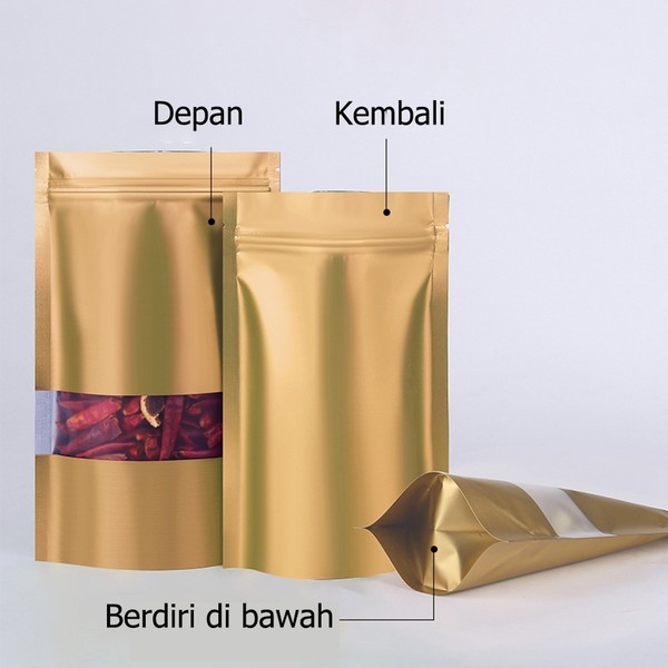 Standing Pouch Window Alumunium Foil Plastic Klip Kemasan Makanan 200 Mikron