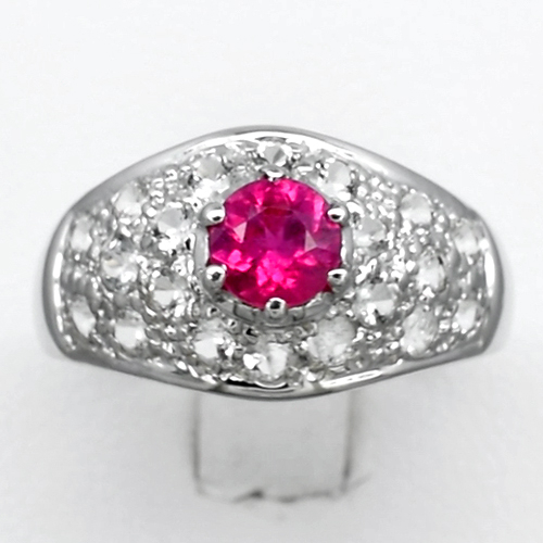 JS137 0.70ct Natural Fiery Pinkish Red Ruby Ring Sz6.5 With Natural Topaz Sterling Silver 3.24gr