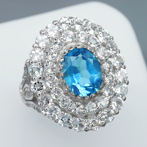 JS080 3.20ct Natural Swiss Blue Topaz Ring With Natural White Topaz in Sterling Silver 9.4gr Sz7.75