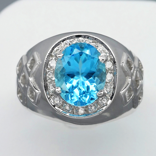 JS118 Natural Swiss Blue Topaz 4.05ct Ring With White Zircon in 9.37gr Sterling Silver Size 9.5US