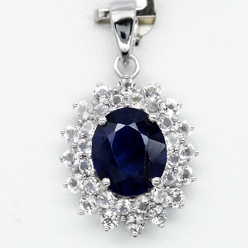 JS168 Natural Royal Blue Sapphire 3.25ct With Natural White Topaz Pendant Sterling Silver 2.9gr