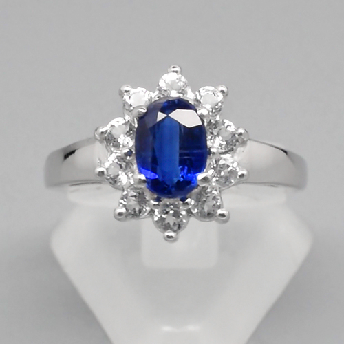 JS166 0.95ct Natural Royal Blue Kyanite Ring Size 5.5 With White Topaz in Sterling Silver 2.66gr