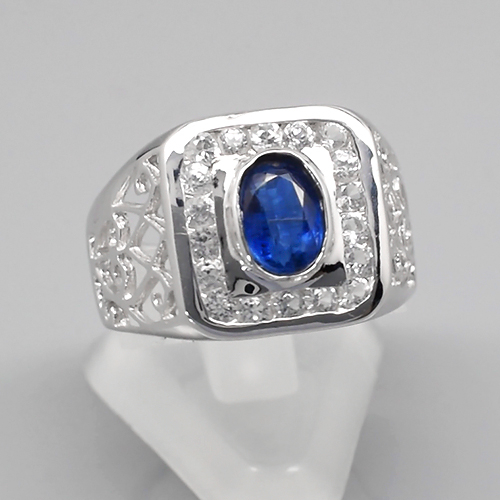 JS136 1.45ct Natural Royal Blue Kyanite Man Ring With Natural Topaz Sz8 Sterling Silver 5.3gr