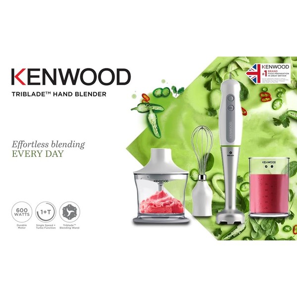 KENWOOD Hand Blender 600W with 500ml Chopper, 500ml Beaker, Whisk, Stainless Steel Wand, Triblade Technology HDP109WG White