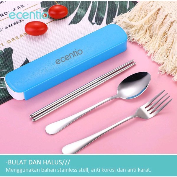 Sendok Portable Sendok Travel Ecentio Stainless Steel Set 3Pcs Alat Makan Sendok Garpu Sumpit / Spoon Fork Chopsticks alat makan set lengkap dengan wadah penyimpanan