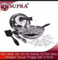 SUPRA Set 5 Pcs Stainless Steel Stir Wok 30 cm Hi Dome Wajan Penggorengan Stainless Tutup Kubah