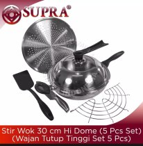 SUPRA Set 5 Pcs Stainless Steel Stir Wok 30 cm Hi Dome Wajan Penggorengan Stainless Tutup Kubah