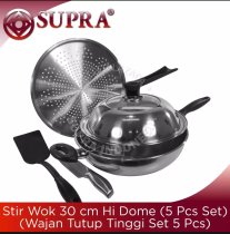 SUPRA Set 5 Pcs Stainless Steel Stir Wok 30 cm Hi Dome Wajan Penggorengan Stainless Tutup Kubah