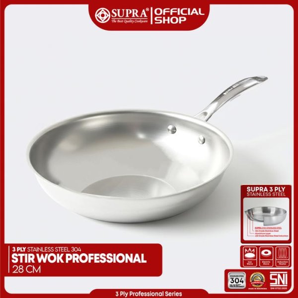 SUPRA FryPan 28cm Panci Wajan Penggorengan Fry Pan 3 PLY Stainless Steel SUS 304 Stir Wok 28 Cm