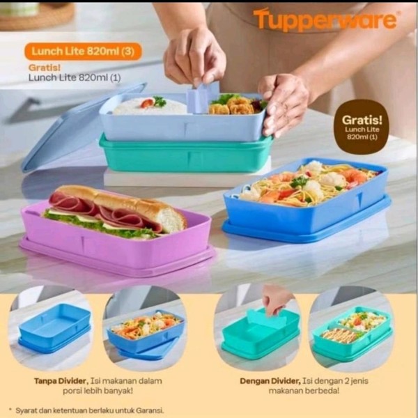 Tupperware Lunch Lite 820ml Tempat Bekal Bersekat 21.5x13x4.5 cm dengan Sekat Bongkar Pasang & Tutup Ketat untuk Makanan