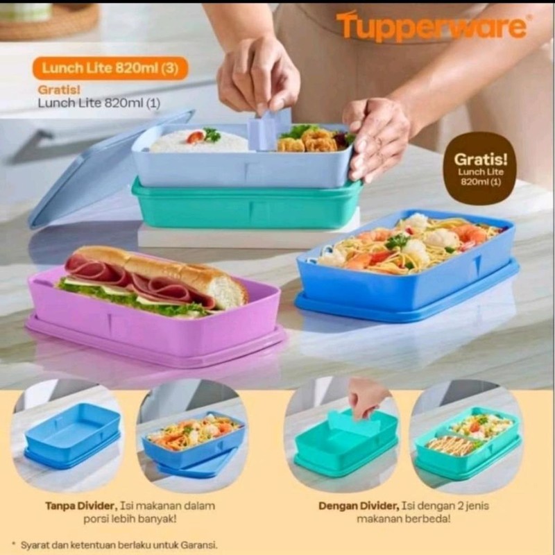 Tupperware Lunch Lite 820ml Tempat Bekal Bersekat 21.5x13x4.5 cm dengan Sekat Bongkar Pasang & Tutup Ketat untuk Makanan
