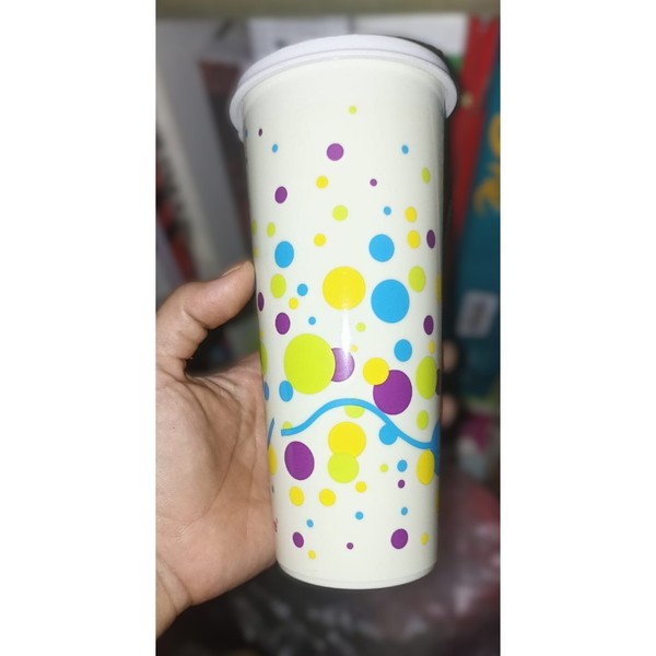 Tupperware Gelas Minum 470ml Motif Dot Tumbler Dilengkapi Tutup Anti Tumpah dengan Desain Warna-warni