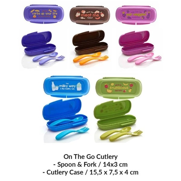 Tupperware Baby Spoon Feeding Cutlery Set Warna Coklat dengan Garpu dan Sendok Portable dengan Case Pengangkut untuk Kebutuhan Makan Bayi