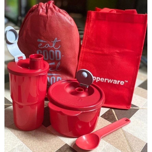 Tupperware Red Blush Set Tempat Bekal Makanan dan Minuman Lengkap dengan Soup Mug Tumbler dan Spoon Praktis untuk Aktivitas Harian