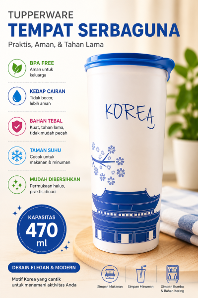Tupperware Gelas Minum 470ml Korea Motif Tumbler Dilengkapi Tutup Anti Tumpah dengan Desain Warna-warni