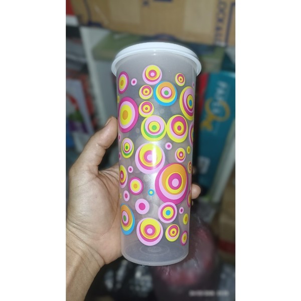 Tupperware Gelas Minum 470ml Transparan Motif Dot Tumbler Dilengkapi Tutup Anti Tumpah dengan Desain Warna-warni