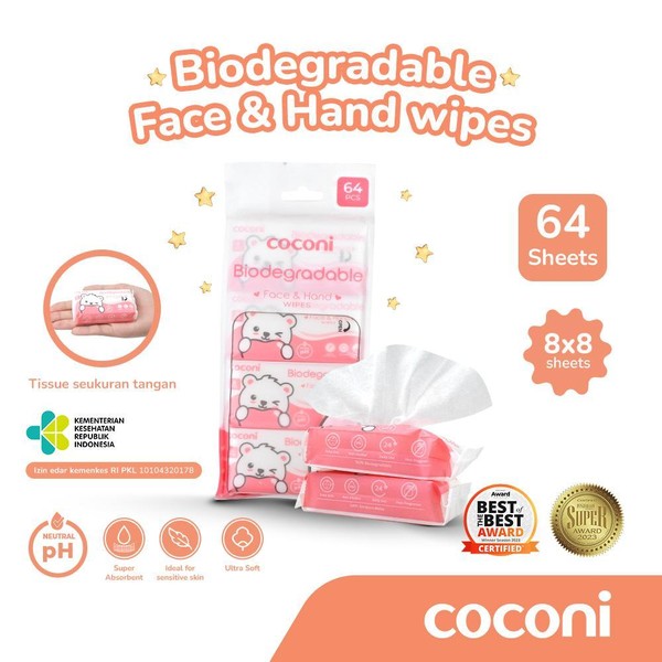 COCONI Biodegradable Face & Hand Baby Wipes Tisu Basah Bayi Mini 64Sheets Travel Friendly