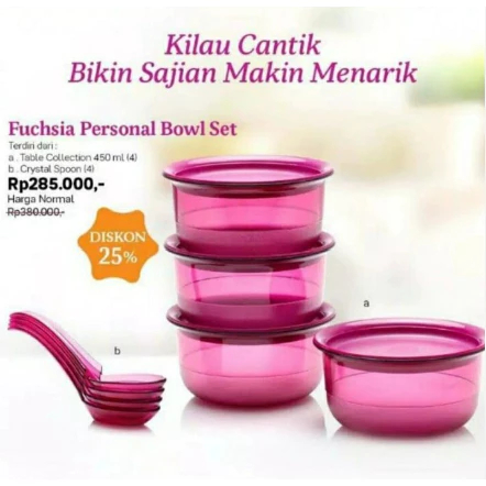Tupperware Fuschia Personal Bowl Dengan Tutup Mangkuk Saji Crystal Tupperware Warna Cerah dan Tahan Lama