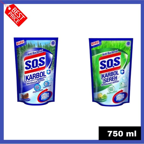 Pembersih Lantai SOS Karbol Anti Bacterial 725ml - Classic Pine, Efektif Membunuh Kuman, Menghilangkan Bau, Aroma Segar